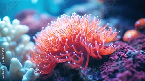 Marine aquarium coral, vibrant sea flowers, and reef colors in the depth of the ocean environment
