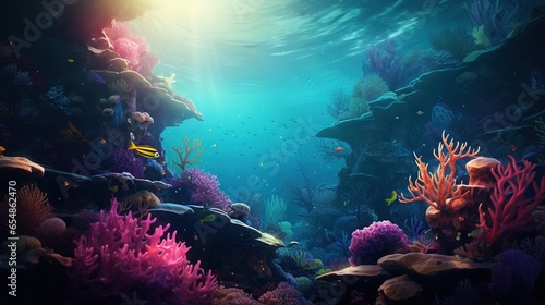 Marine aquarium coral, vibrant sea flowers, and reef colors in the depth of the ocean environment ©  Jannatul Koraise