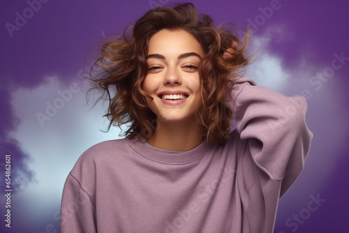 Picture of a picture of a happy daydreaming woman in a stylish fall sweatshirt looking at a big empty poster on a purple background, black firday photo photo