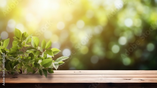 Spring background with fresh foliage wooden table and natural sunlight creating a beautiful outdoor setting