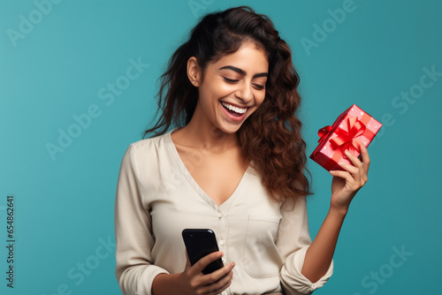 Picture of a happy young latin woman smiling and holding her phone, black firday photo photo