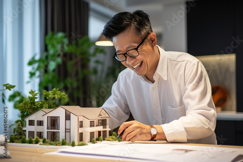 Picture of a smiling asian man signing a rental contract with a real estate broker, black firday photo photo