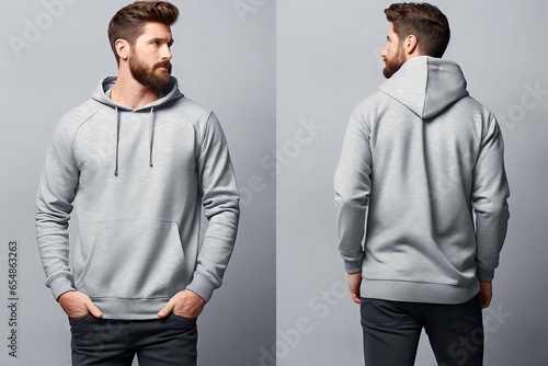 Young man wearing long sleeve hoodie sweatshirt Side view, back and front view mockup template for print t-shirt design mockup