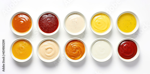 Various sauces in bowls isolated on white background photo
