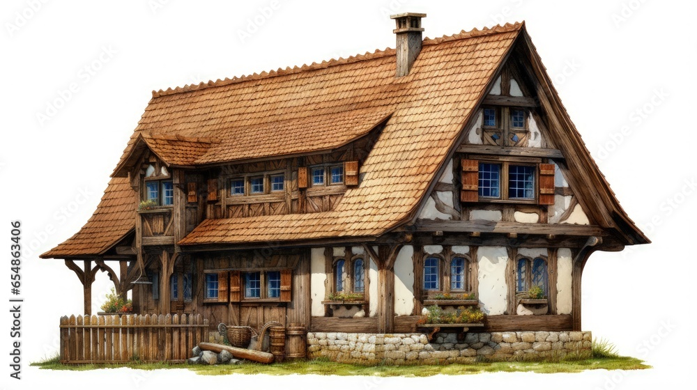 Detailed Bavarian farmhouse made of wood with intricate roof and wooden windows