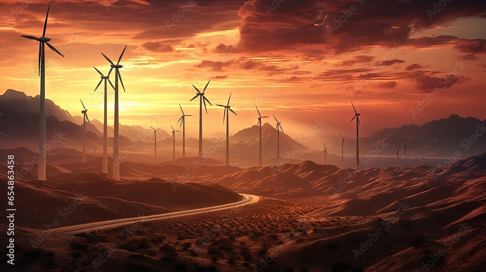 Desert wind power plants during dusk - obrazy, fototapety, plakaty 
