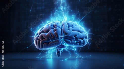 Blue glowing human brain on...