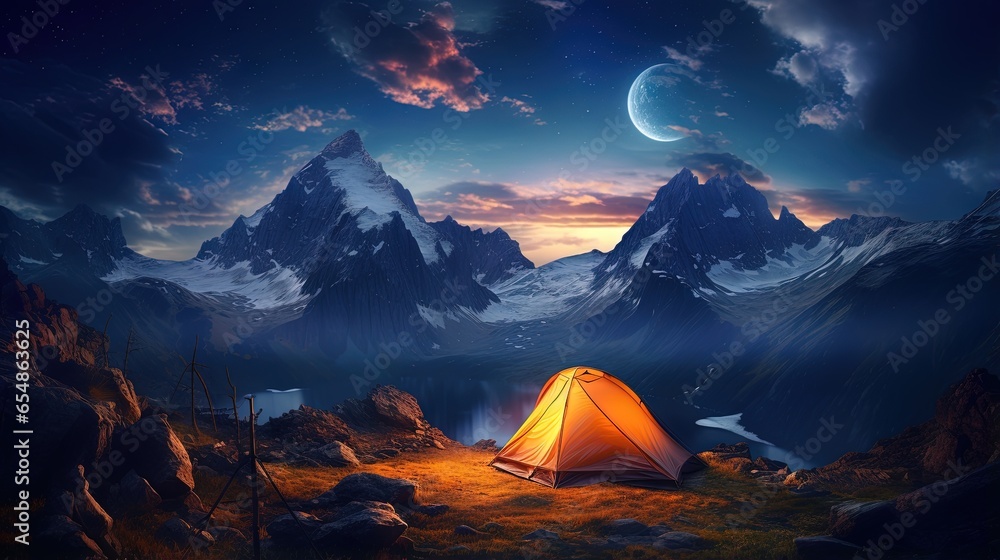 Camping under starlit mountain sky inside a lit tent - obrazy, fototapety, plakaty 
