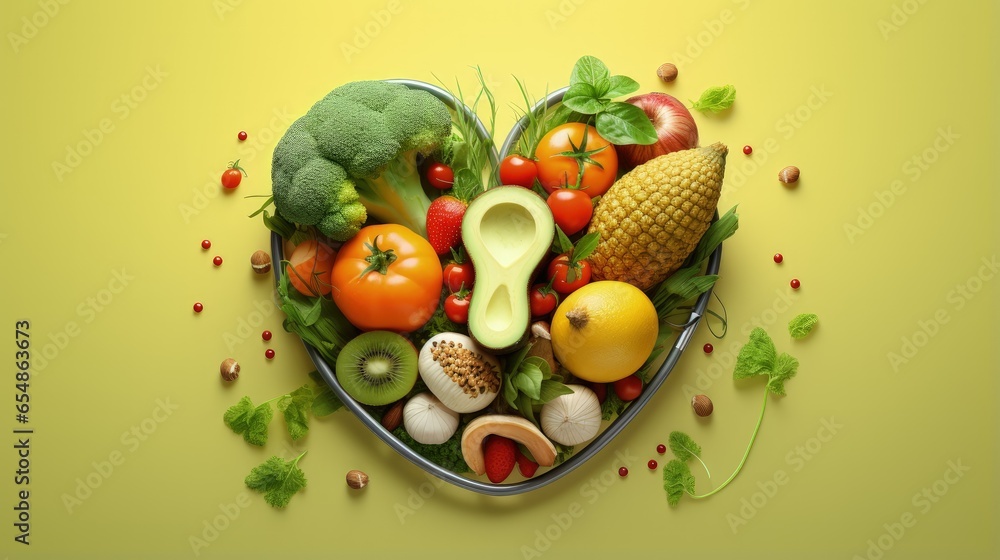 Heart healthy diet with stethoscope focusing on nutritious food Heart healthy diet with stethoscope focusing on nutritious food