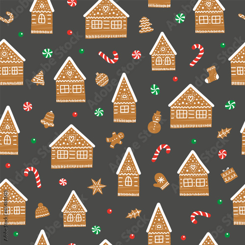 Seamless pattern with gingerbread houses and cookies.