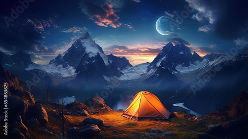Camping under starlit mountain sky inside a lit tent © vxnaghiyev