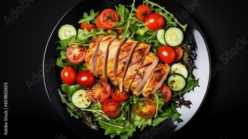 Grilled chicken breast fresh veggie salad with lettuce arugula spinach cucumber and tomato Healthy lunch diet friendly Top view