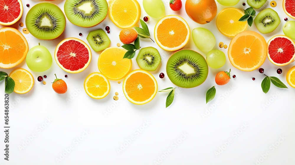 Colorful arrangement of fresh fruits including papaya apple orange kiwi and melon on a white background Represents a fruity summer diet and tropical mix