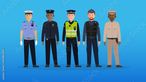 Simple flat police officers from around the world vector characters concept. Policemen from UK, USA, Europe and Asia. Easy to edit flat modern trendy style.