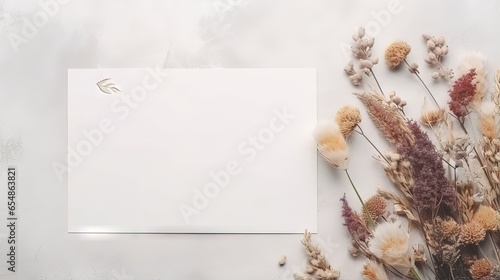 Dried flowers on gray background wedding invitation mockup