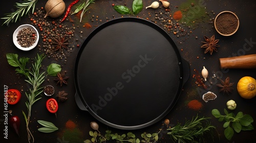 Top view of a food background with space for text featuring herbs olive oil and spices arranged around a cast iron frying board