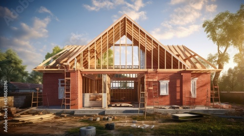 Construction site for a brick single family house with a wood roof