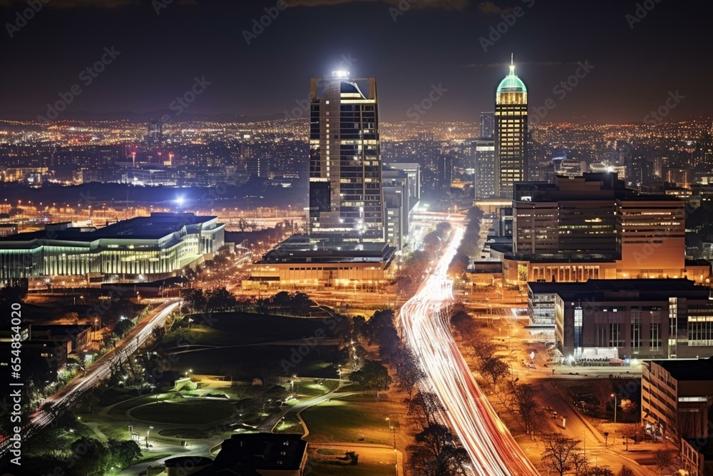 Obraz premium Sandton city lights up at night in Johannesburg, Gauteng, South Africa. Generative AI