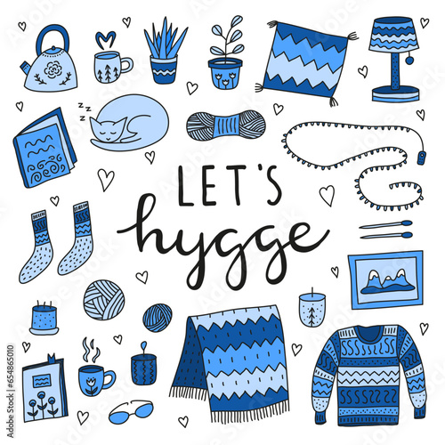 Set of doodle colored hygge icons.