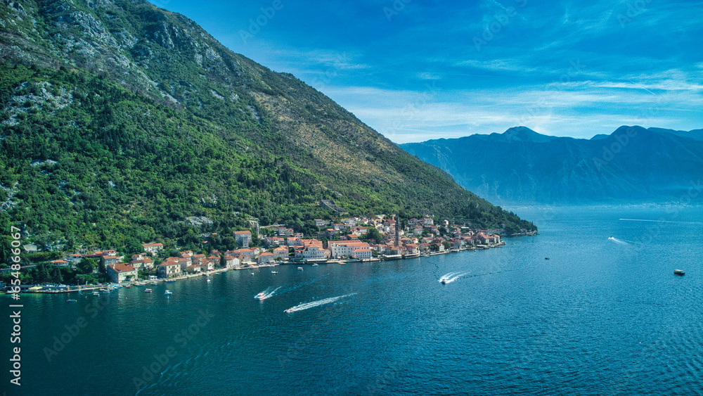 Drone photography of the Bay of Kotor and the city of Perast in Montenegro