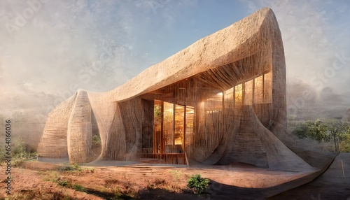 exterior perspective view of a rammed earth architecture pavillion that is parametric and organic in forms concept art highly detailed beautiful scenery cinematic beautiful light hyperreal octane 