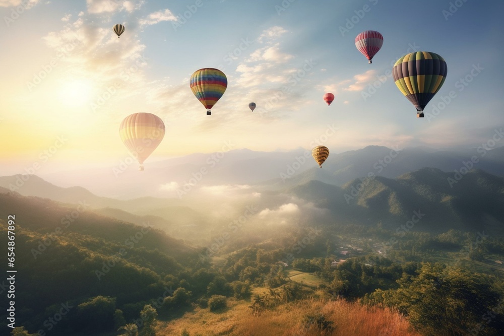 Colorful balloons soar above scenic landscape. Generative AI