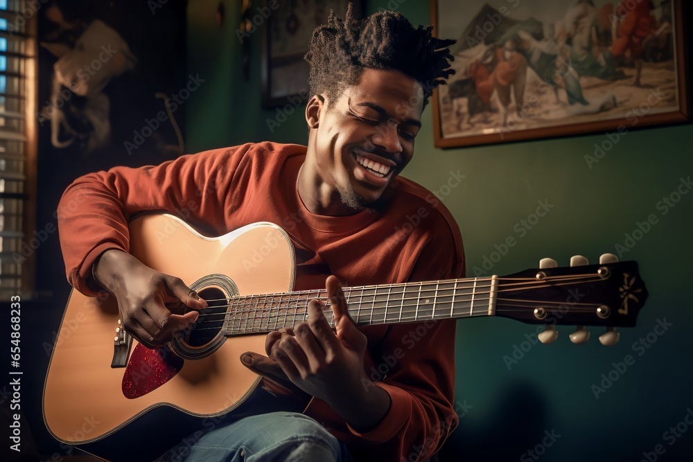 Obraz premium Young african american man playing guitar at home home