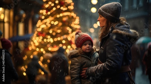 Family Christmas walk through the streets © cherezoff