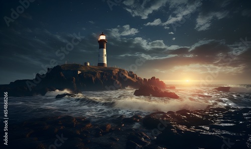 view of rocky seafront with lighthouse, ai generative