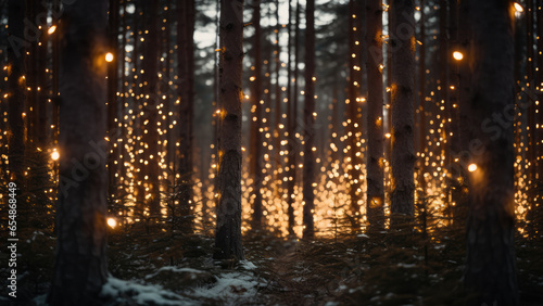 Magical christmas snow covered forest with lighted garlands on the trees