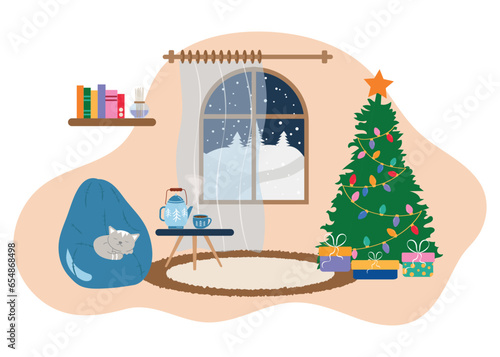 Cozy living room decorated for Christmas and New Year. Winter holidays interior with a Christmas tree, a beanbag chair with a cat on it, gifts, a garland and a snow-covered window.