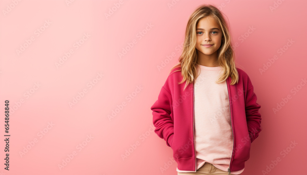Studio portrait of a happy little girl on a pink backdrop - obrazy, fototapety, plakaty 