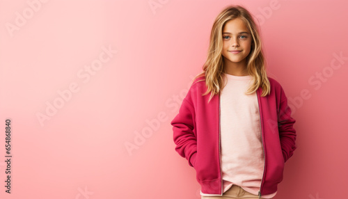 Studio portrait of a happy little girl on a pink backdrop