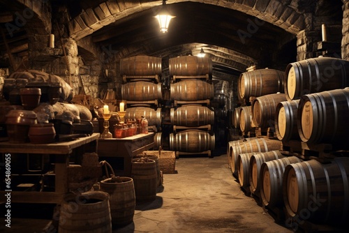 Photo Cellar packed with barrels and bottles. Generative AI