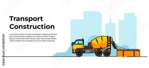 Cement mixer truck vector illustration. Modern banner in continuous line style design.