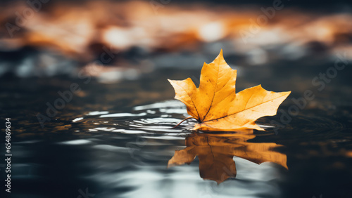 Fallen autumn leaf in the water  close-up  shallow depth of field