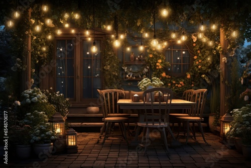 Cozy garden at night with lights and decorations. Generative AI. © YULIIA
