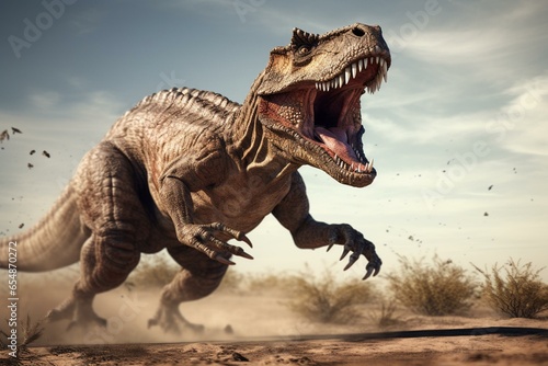 3D rendering of dinosaur attacking on plain background. Generative AI © Sable