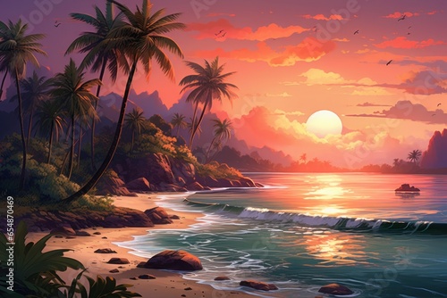 Beautiful seascape with palm trees and sunset. Generative AI.