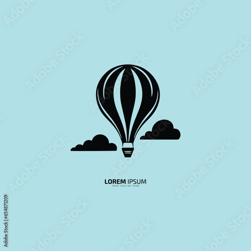 A logo of hot air balloon silhouette with clouds on sky background