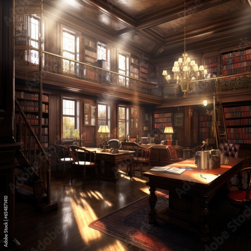 Dark brown interior of old library at university. Generative Ai. © annamaria