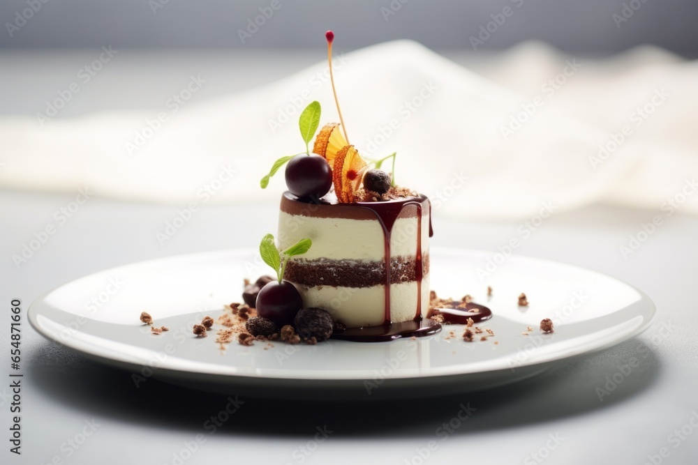 Fancy tiramisu dessert on a plate with some fruit decoration Fancy tiramisu dessert on a plate with some fruit decoration