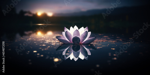 Lotus flower at night with reflection on water surface. Water lily.