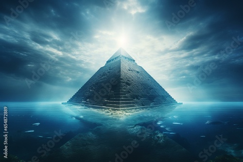 An image of a structure resembling a pyramid standing alone amidst an endless ocean. Generative AI photo