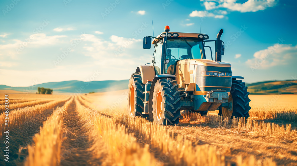 Fototapeta premium Tractor during the harvest on landscape background with clear blue sky. Agricultural machinery in foreground carrying out work in field. Copy space