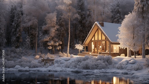 a modern cottage reveals a tranquil snowy forest. Tall trees are cloaked in white, and the serene winter landscape invites you to step into nature's frozen beauty.