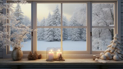 a modern cottage reveals a tranquil snowy forest. Tall trees are cloaked in white, and the serene winter landscape invites you to step into nature's frozen beauty.
