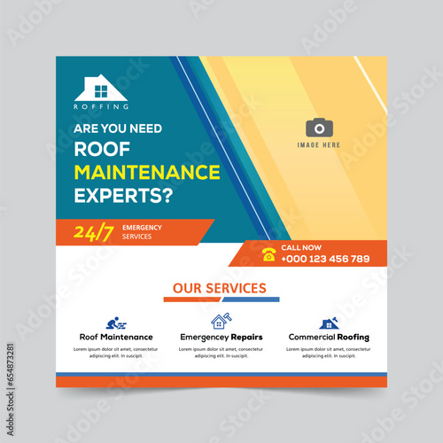 Roof maintenance or repair service social media post template design