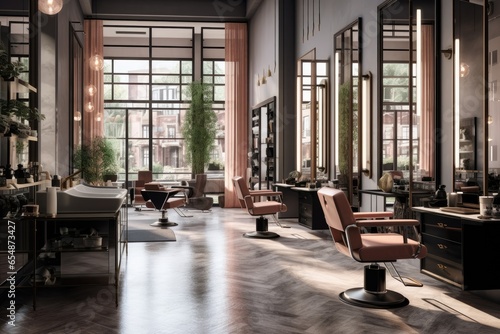 Modern hair salon interior design 3D render 