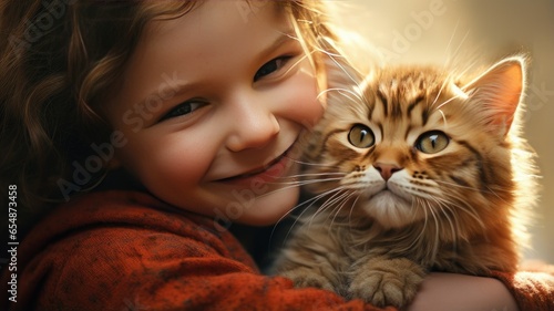 a small  adorable child tenderly embracing a fluffy cat. Their genuine smiles radiate happiness and love in this touching moment of pure innocence.